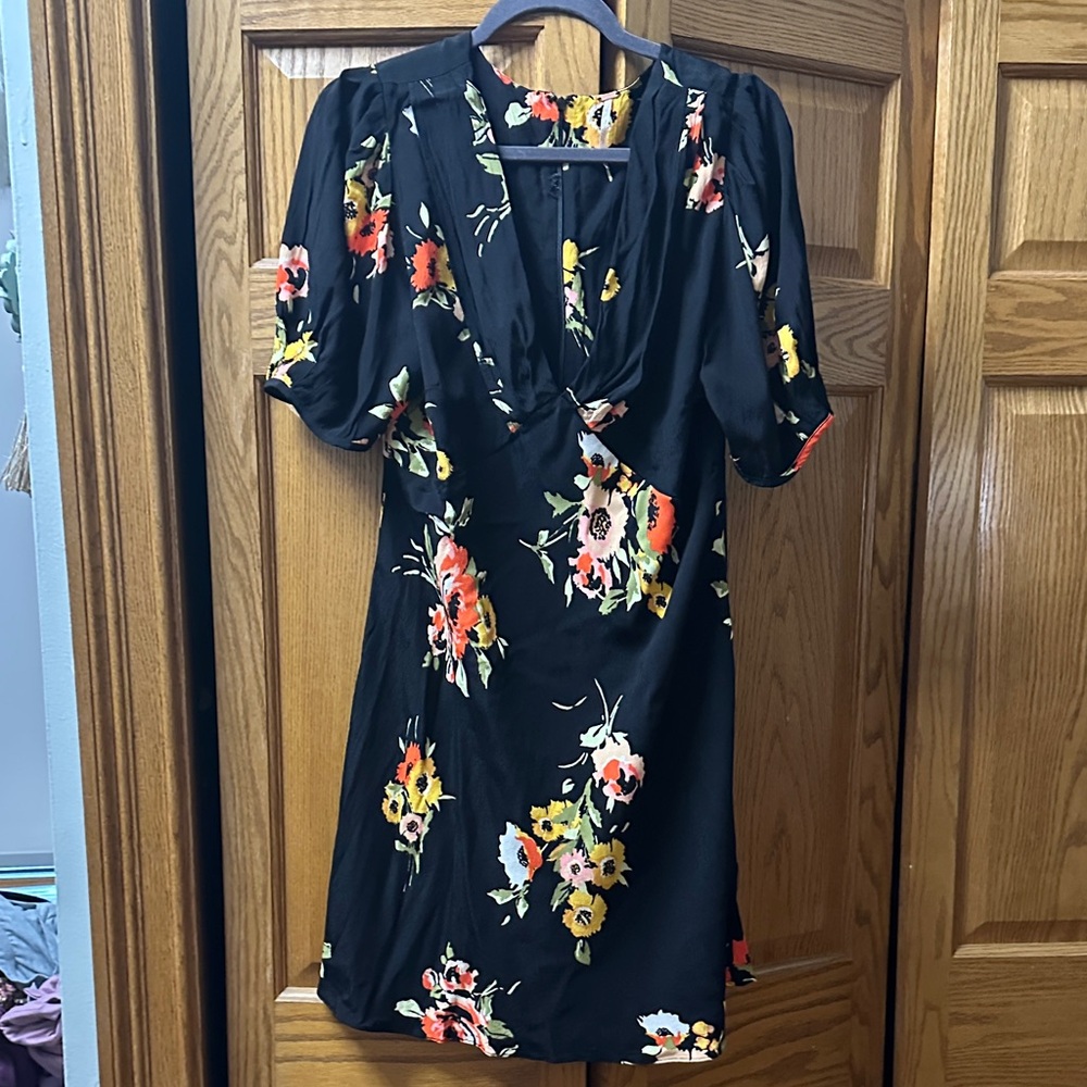 Free People Black Mini Dress with Yellow, Coral & Green Floral Print